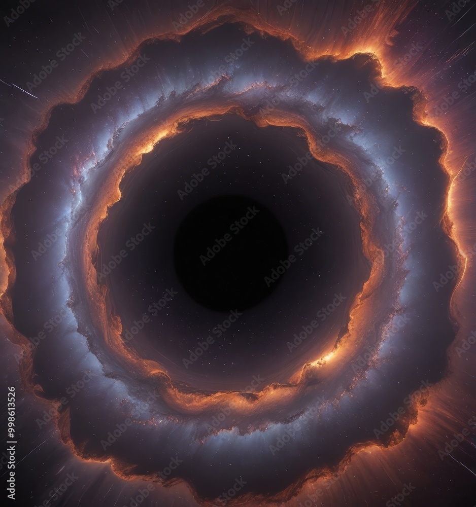 Poster a black hole at the center, surrounded by a swirling cloud of cosmic dust and gas, with a vibrant di