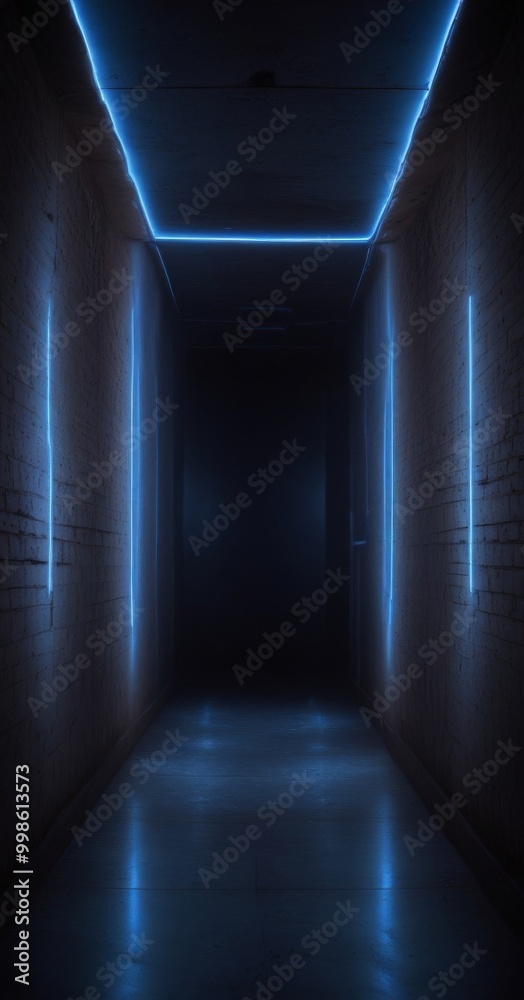 Poster a long, dimly lit corridor with a high ceiling and a series of blue neon lights lining the walls, cr