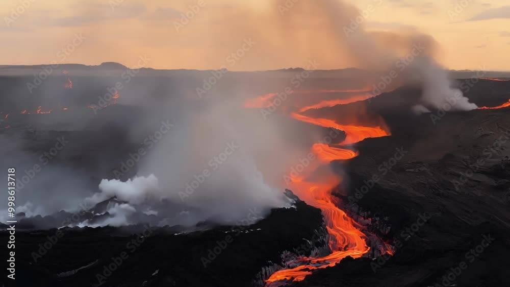 Poster Streams of molten lava are flowing down the side of a volcano, creating a dramatic and dangerous scene. The sky is filled with smoke and ash, creating an eerie glow