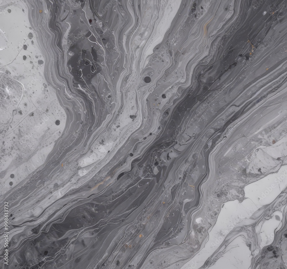 Poster a close-up view marble surface with a swirling pattern of gray and white hues, accented by small bla