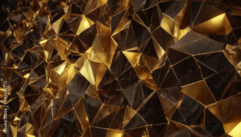 Fototapete a close-up view textured surface composed of numerous triangular shapes in varying shades of gold and black, creating a visually striking and abstract pattern