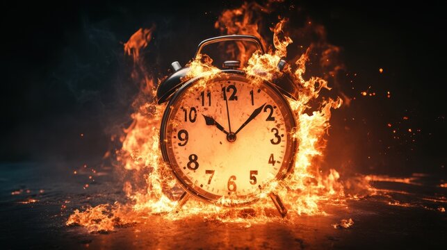 A burning alarm clock with flames erupting, capturing the urgency of a countdown and time running out in dramatic fashion