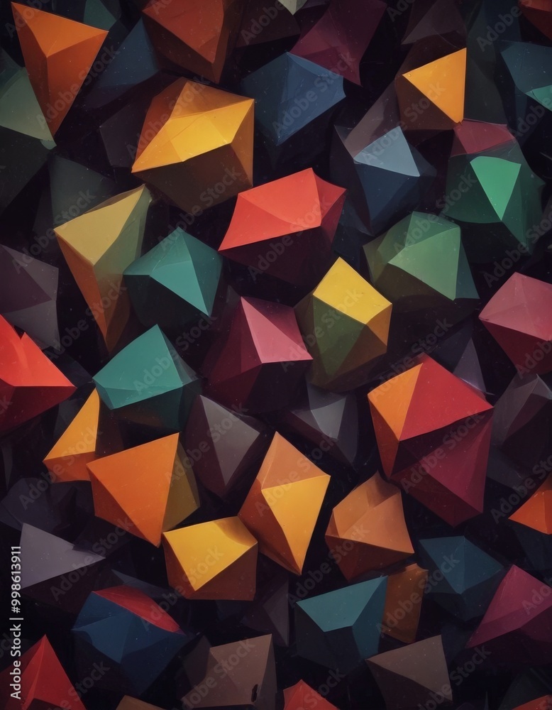 Poster a vibrant array of multicolored, geometric shapes, including triangles, rectangles, and diamonds, arranged in a visually striking pattern against a dark background