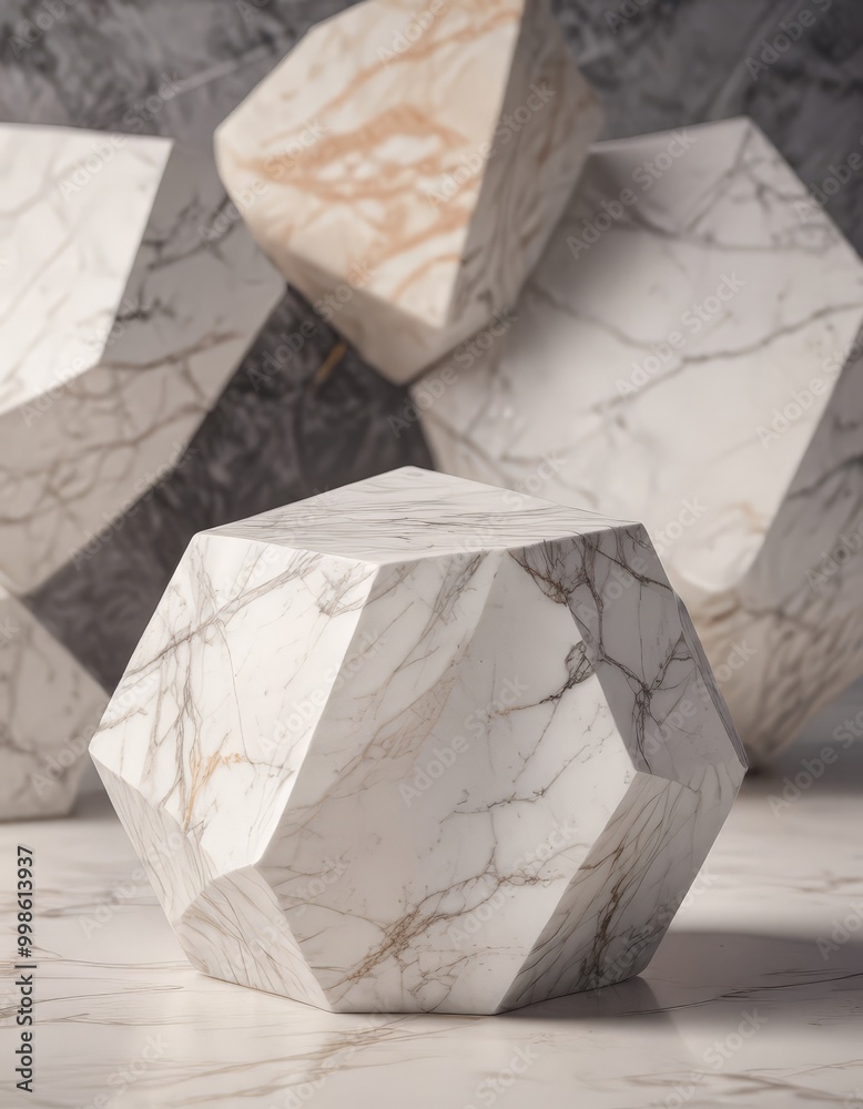Poster Marble cubes in various shades of white and beige, arranged in a geometric pattern against a dark background