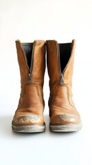 Worn Leather Boots with Side Zipper on Plain White Background