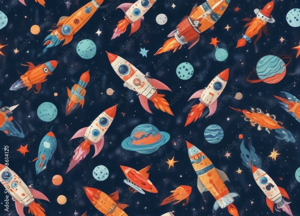 Aufkleber a playful and whimsical pattern of colorful rockets and celestial objects against a dark background, evoking a sense of adventure and exploration