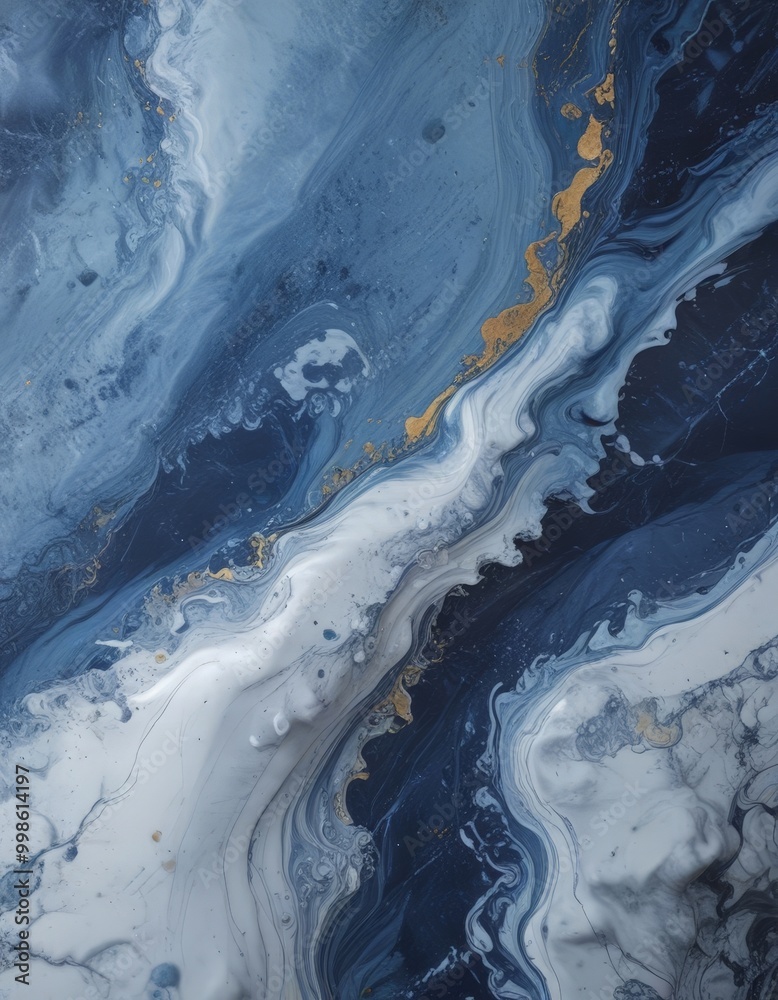 Fototapete a striking abstract pattern with swirling blue and white hues, accented by gold elements The pattern is dynamic, with a sense of movement and energy, creating a