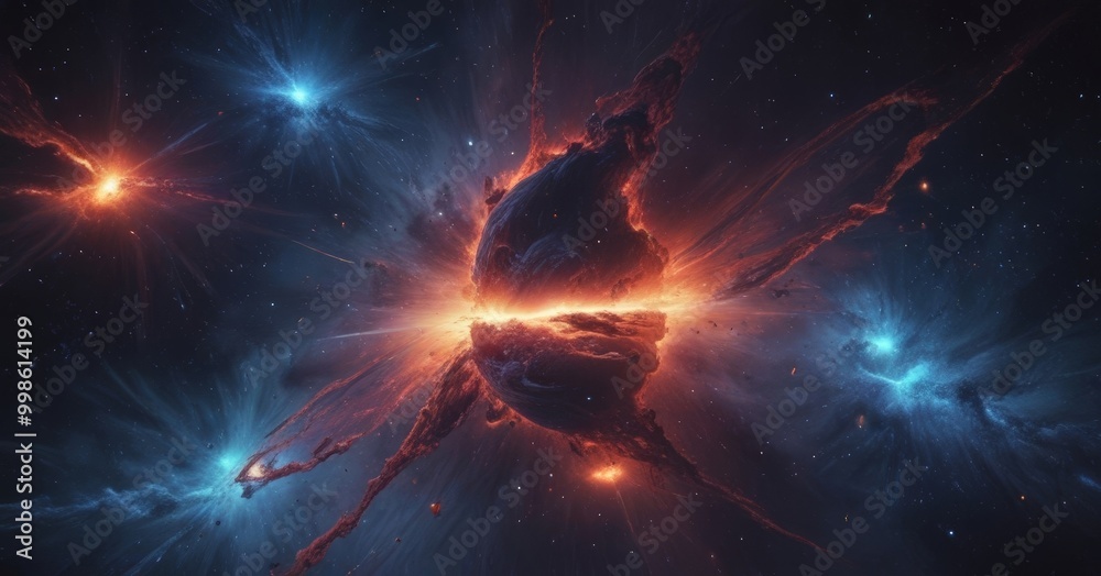 Aufkleber a cosmic scene with a large, dark nebula in the center, surrounded by smaller, colorful nebulae and 