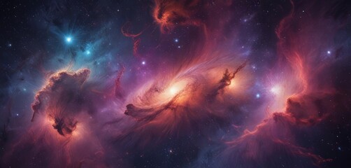 Fototapeta premium a vibrant cosmic scene, featuring a swirling nebula with a bright center and a multitude of stars and cosmic dust The nebula is illuminated by a mix of blue, orange, and