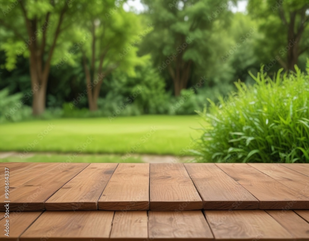 Poster A wooden table with a natural finish sits in the foreground, while a lush, verdant garden with trees and grass is visible in the background
