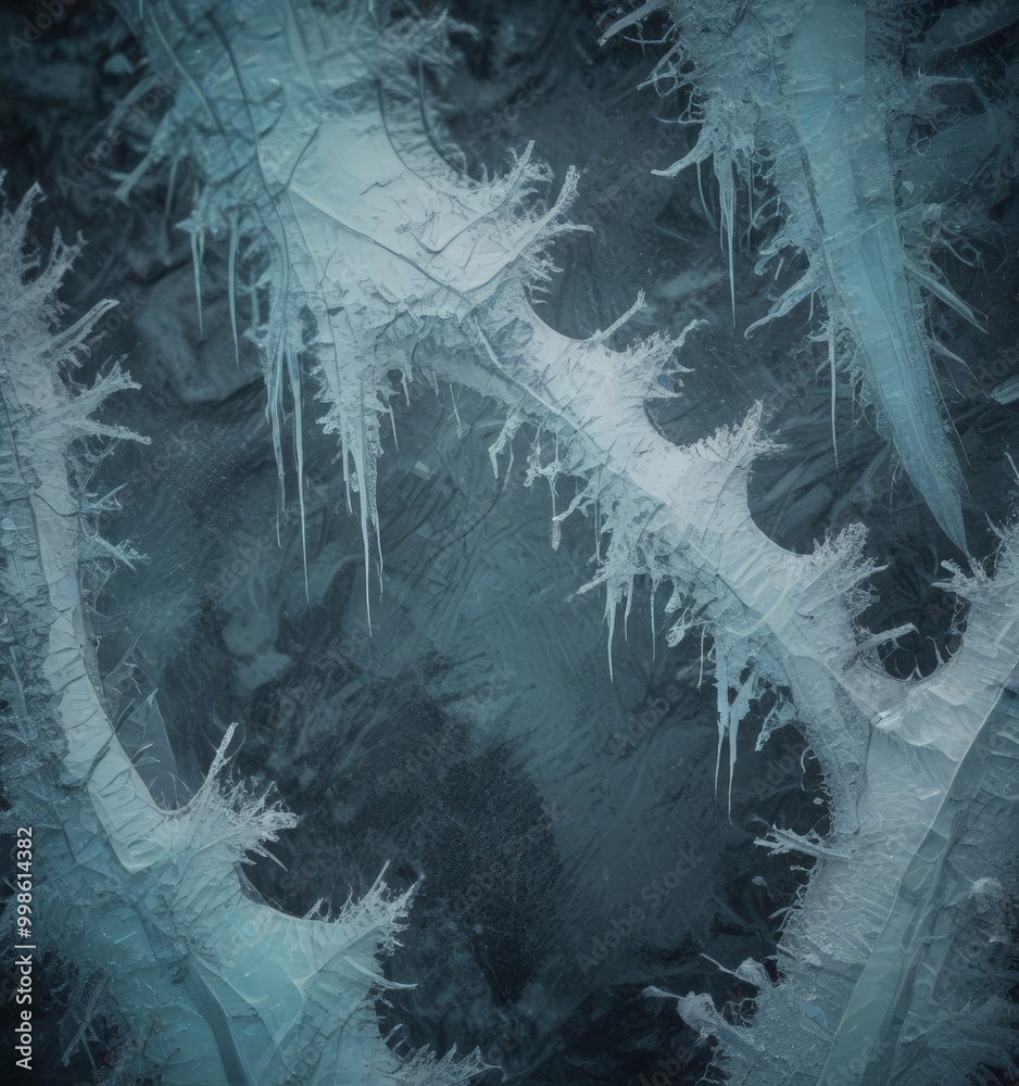 Poster a close-up view frosty, icy surface with intricate patterns and textures, captured in a dark, moody color palette