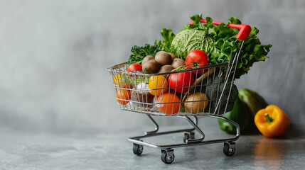 Fresh Harvest in a Mini Cart: Vibrant Vegetables and Fruits fill a small shopping cart, promising a healthy and delicious meal. A still life composition that exudes freshness and abundance. 