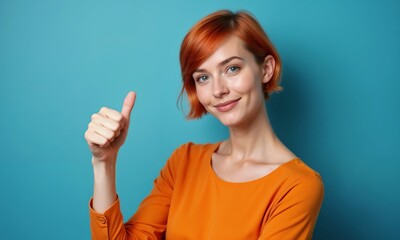 Fototapeta premium A woman wearing an orange shirt is giving a thumbs up sign in approval
