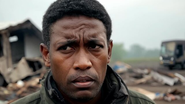 Portrait of a sad african american male with debris in the background, experiencing grief and despair after surviving a natural disaster