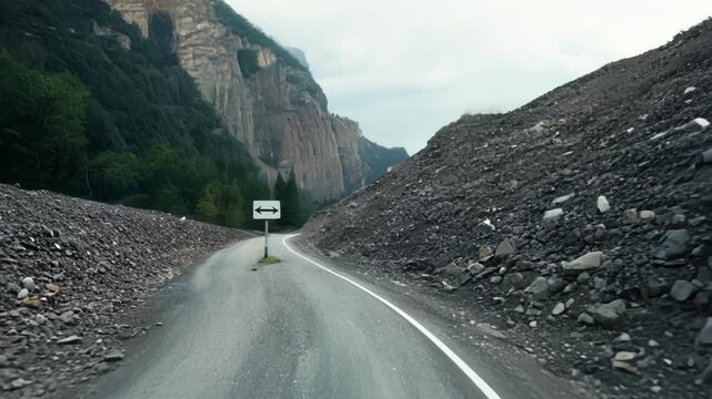 Winding mountain road is passing through a rockfall area with a massive pile of rocks on the side, illustrating the dangers of driving in mountainous regions