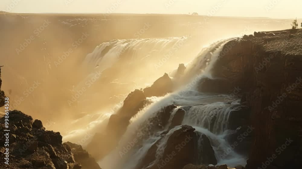 Poster powerful waterfall rushing through a rocky canyon, water crashing on the rocks below during sunset c