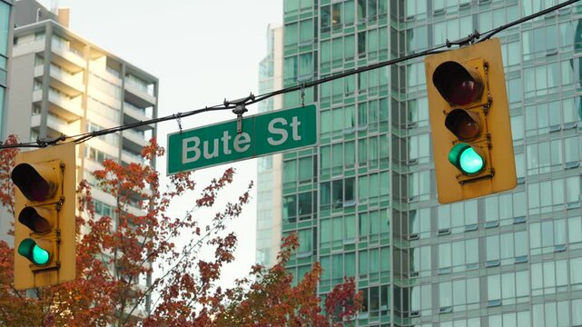 Vancouver, Canada. Traffic light change colour on city crossroad