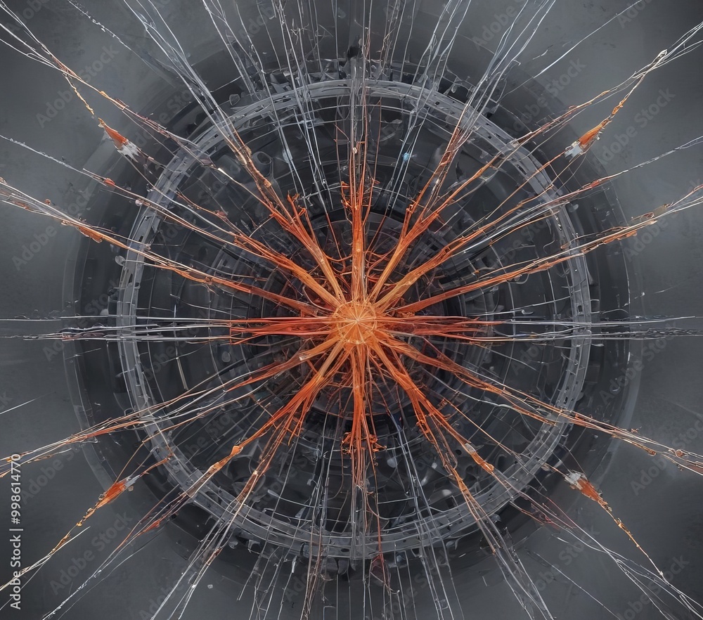Poster a complex, abstract pattern of orange and white lines radiating outwards from a central point, resem