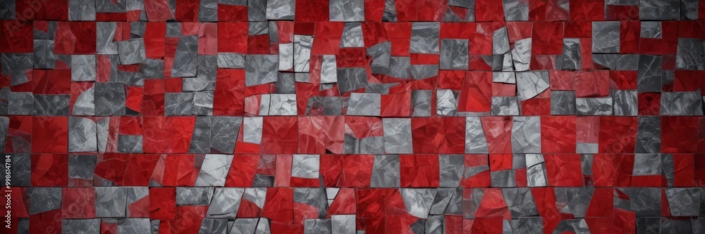 Poster a mosaic pattern composed of red and gray squares, arranged in a grid-like fashion