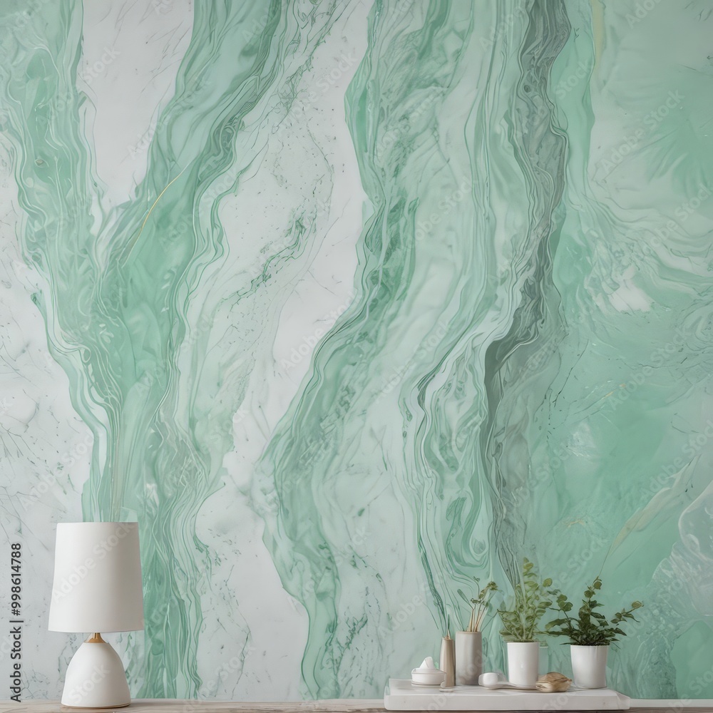 Poster a marble-like wall with a green and white swirl pattern, a white lamp, and a small table with a plan