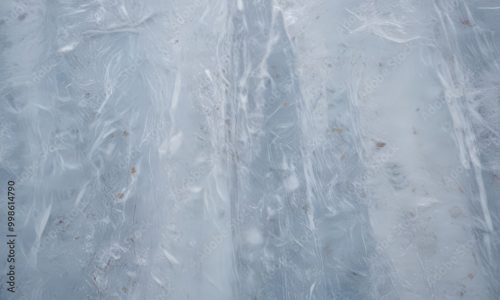 Poster a close-up view frozen waterfall, with the ice displaying intricate patterns and textures