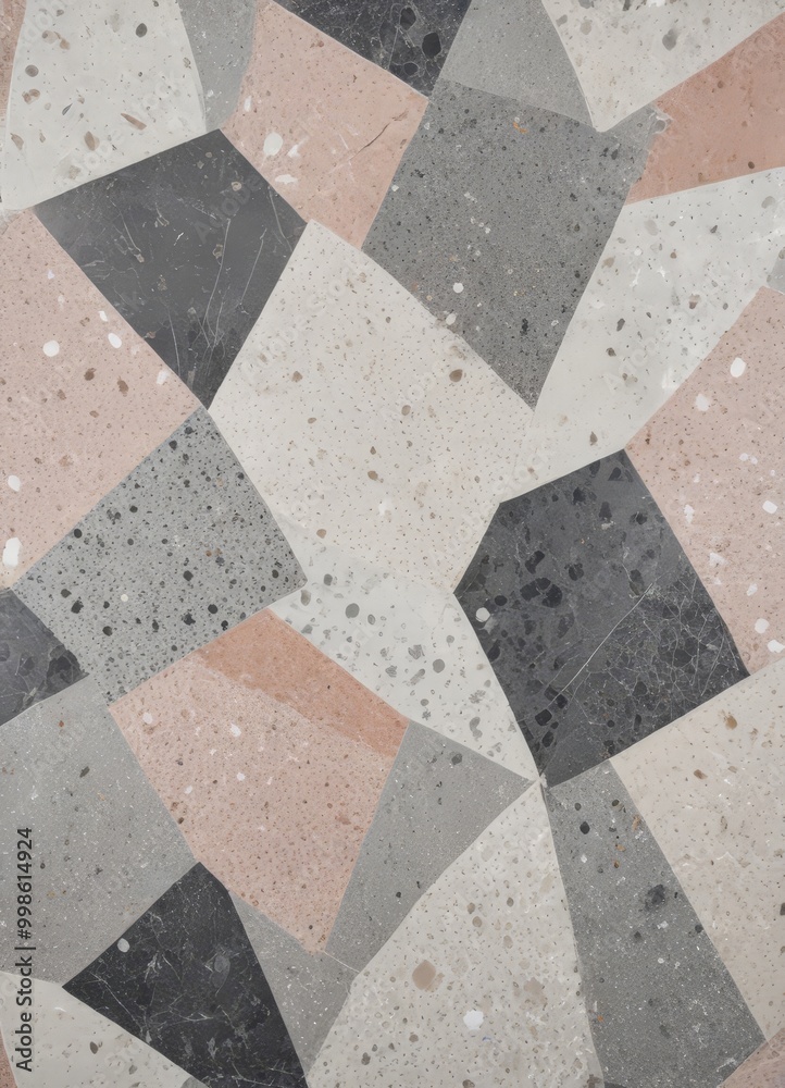 Poster a close-up view mosaic pattern composed of irregularly shaped tiles in various shades of gray, beige
