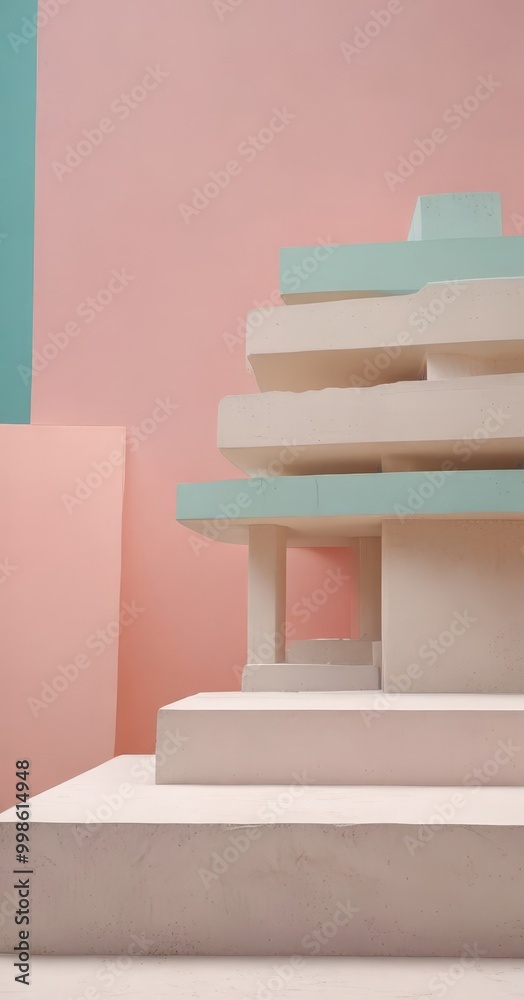 Poster a minimalist architectural structure composed of stacked concrete blocks in pastel pink and blue hue