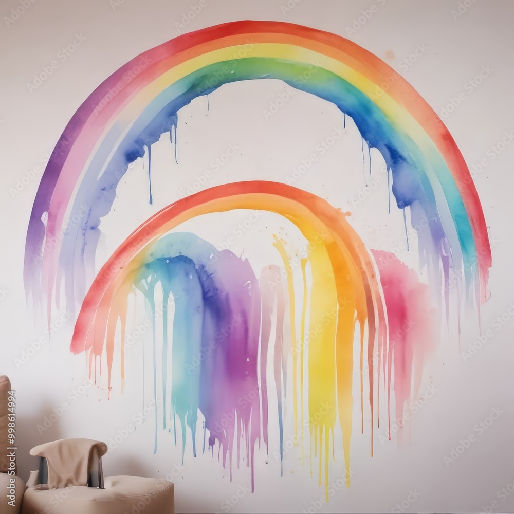 Aufkleber a vibrant watercolor mural rainbow, with the colors flowing and dripping down the wall, creating a d