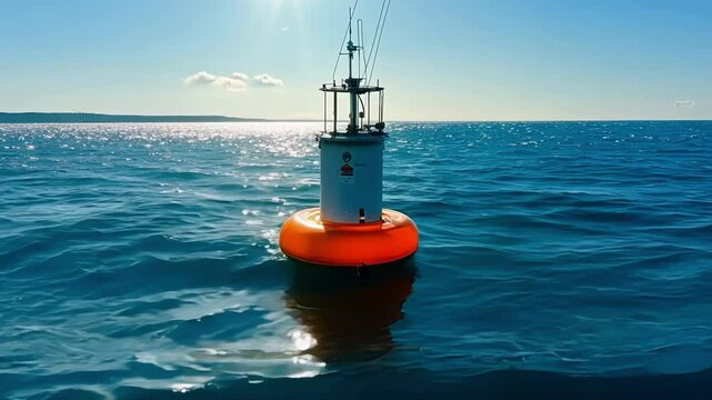 Scientific buoy is floating on a sunny and calm ocean surface, recording important environmental data for research and monitoring purposes