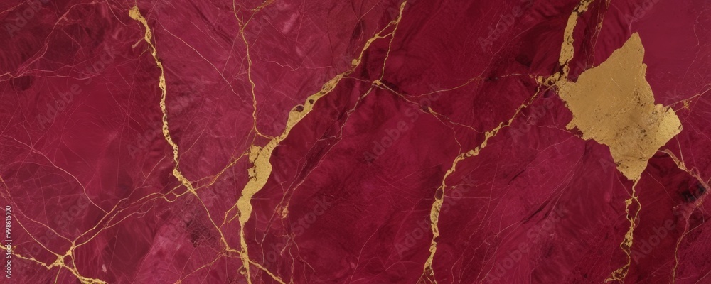 Poster a close-up view marbled surface with a rich red color and gold accents The marbled pattern is composed of irregularly shaped, overlapping lines and curves, creating a
