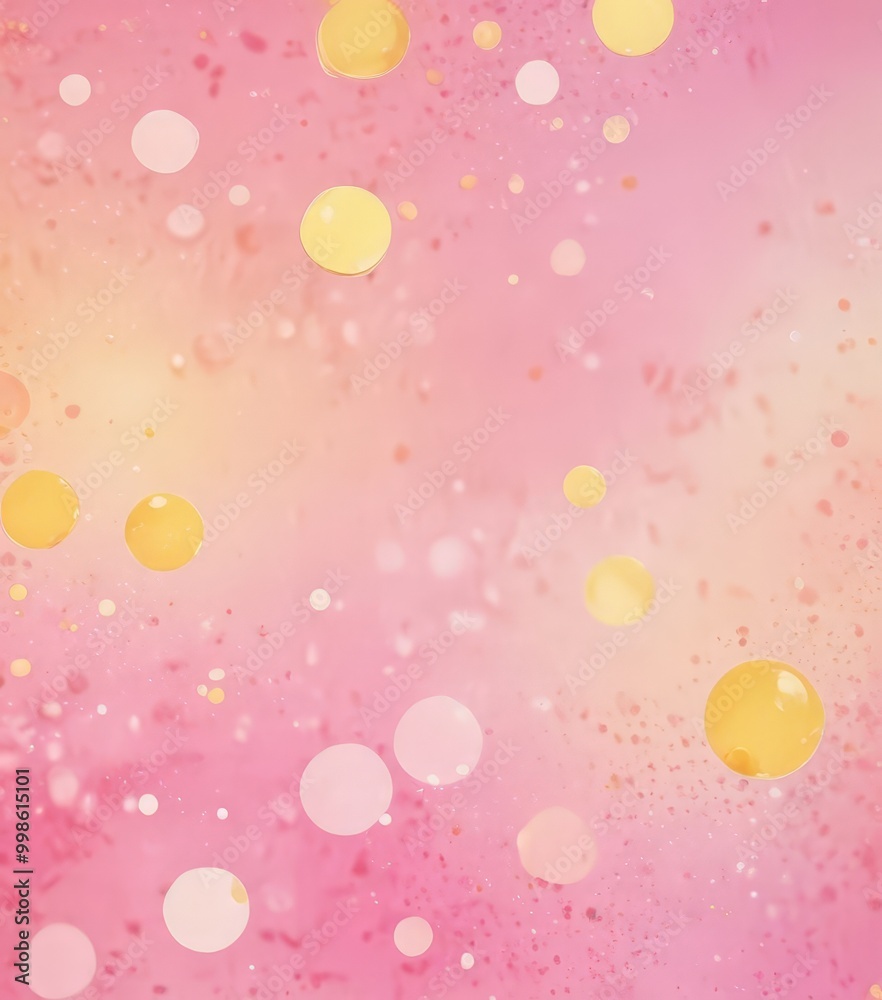 Poster a vibrant abstract background with a gradient of pink and yellow hues, dotted with small circles and splashes of color The composition is dynamic, with the overlapping