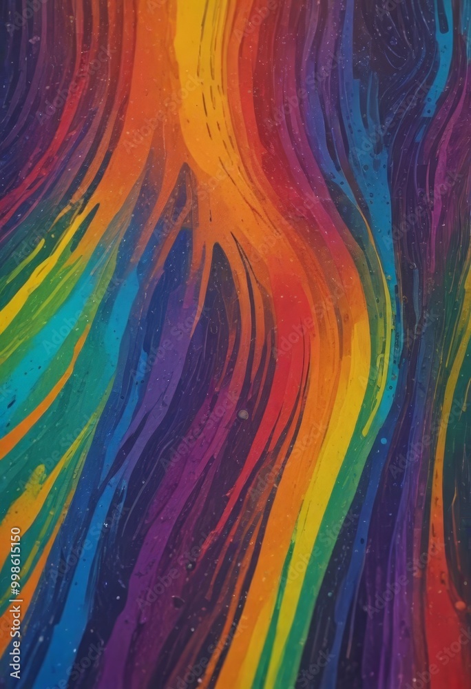 Poster a close-up view vibrant abstract painting, featuring a rainbow-like pattern of multicolored lines and swirls