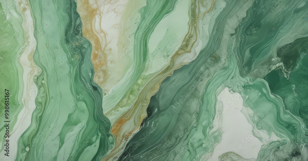 Poster a close-up view marble-like surface with a swirling pattern of green, white, and brown colors