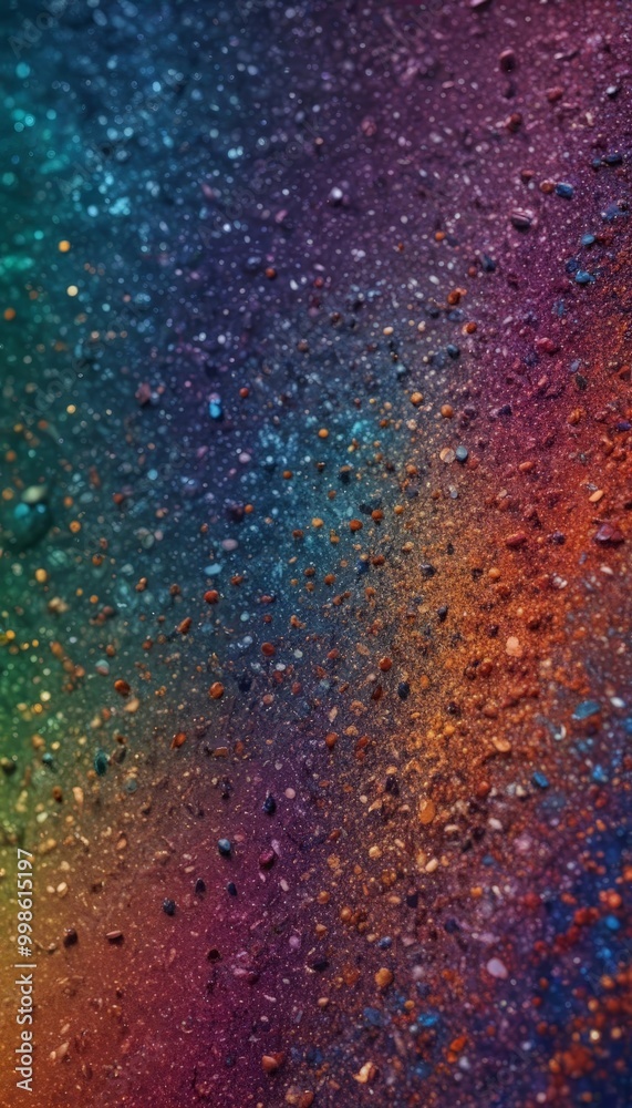 Poster a close-up view textured surface with a gradient of colors, resembling a rainbow or a spectrum The colors range from blue to purple, orange, and yellow, creating a