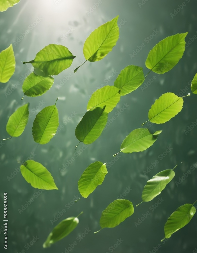 Poster green leaves floating in the air, sunlight filtering through, creating a serene and tranquil atmosph