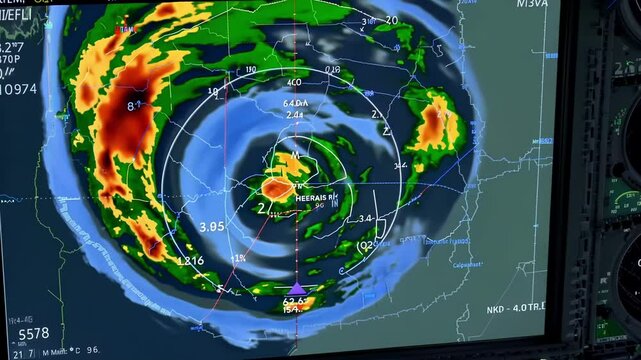 Digital weather radar screen is showing a hurricane approaching the coast, with data and information visible on the display inside an airplane cockpit