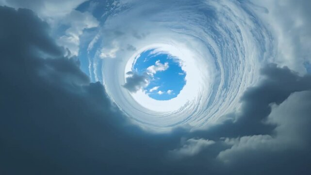 Swirling vortex of storm clouds creates a dramatic scene with a small patch of blue sky visible in the center. The image evokes feelings of danger and awe