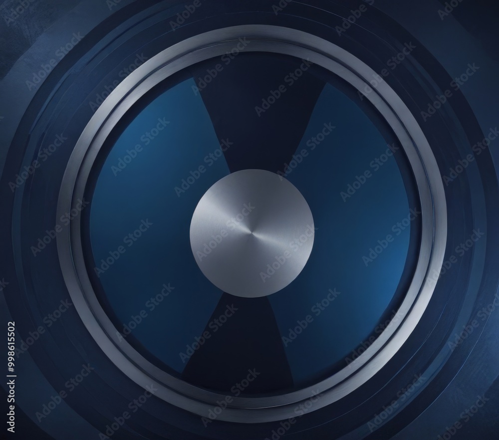Poster a circular design with a silver circle at its center, surrounded by concentric blue and black rings 