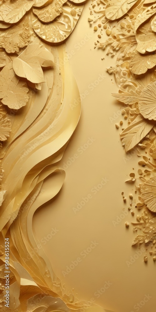 Poster a golden, abstract floral pattern with curved lines and leaves, creating a sense of movement and organic shapes
