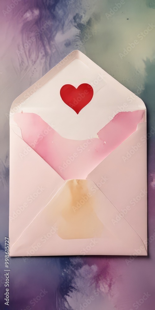 Aufkleber An open pink envelope with a red heart on the flap, set against a colorful abstract background