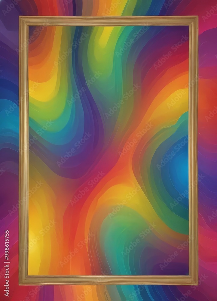 Poster a vibrant, abstract background with a wooden frame in the center, surrounded by a colorful gradient 