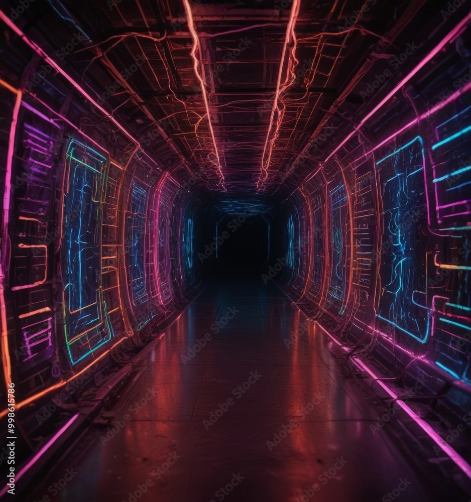 Poster a long, dark corridor with neon lights on the walls, creating a futuristic and technological atmosph