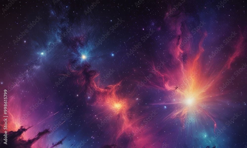 Aufkleber a vibrant cosmic scene, featuring a nebula with swirling clouds of gas and dust illuminated by a bri