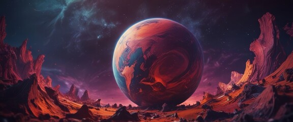The Earth, a planet with a blue and orange surface, is the central focus of the Surrounding the Earth are rocky formations in shades of red and orange, with a dark blue