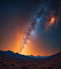 The Milky Way galaxy stretches across the night sky, its spiral arms illuminated by the warm glow of the setting sun, with a bright orange and yellow streak of light in