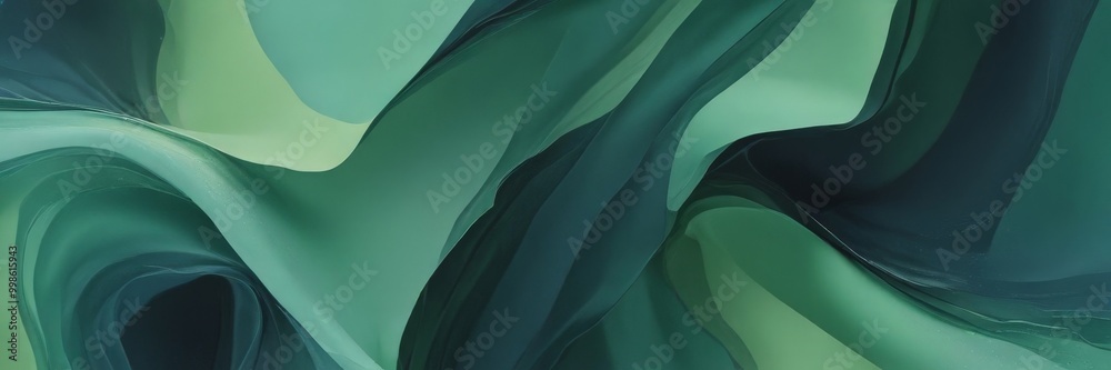 Poster a vibrant abstract composition of overlapping, flowing shapes in shades of green and blue, creating a dynamic and visually captivating scene