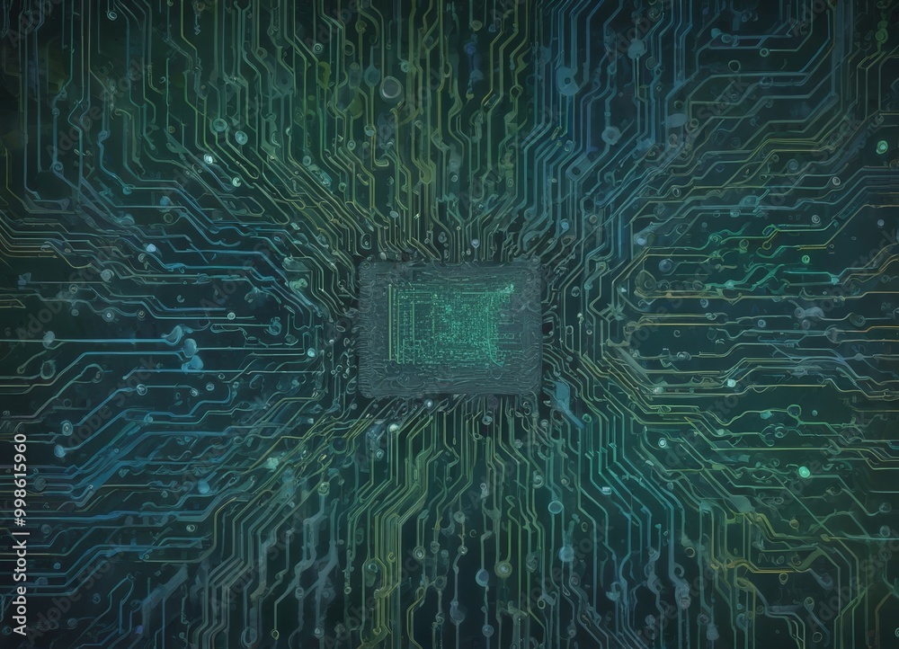 Aufkleber a complex circuit board with a central green circuit board surrounded by a network of intricate blue and green lines, creating a visually striking and
