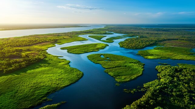 A mighty river delta spreading out into the sea, with countless channels winding through wetlands