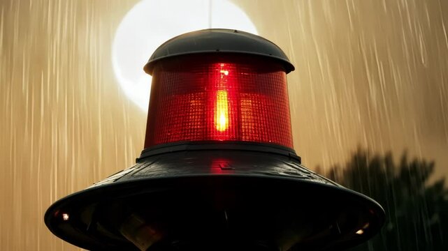 Red emergency siren flashes as the sun sets and rain falls, warning of danger during a storm, ensuring safety and security in severe weather conditions