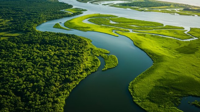 A mighty river delta spreading out into the sea, with countless channels winding through wetlands